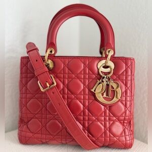 Christian Lady Dior Medium Red Cannage Lambskin Top Handle Bag and Crossbody